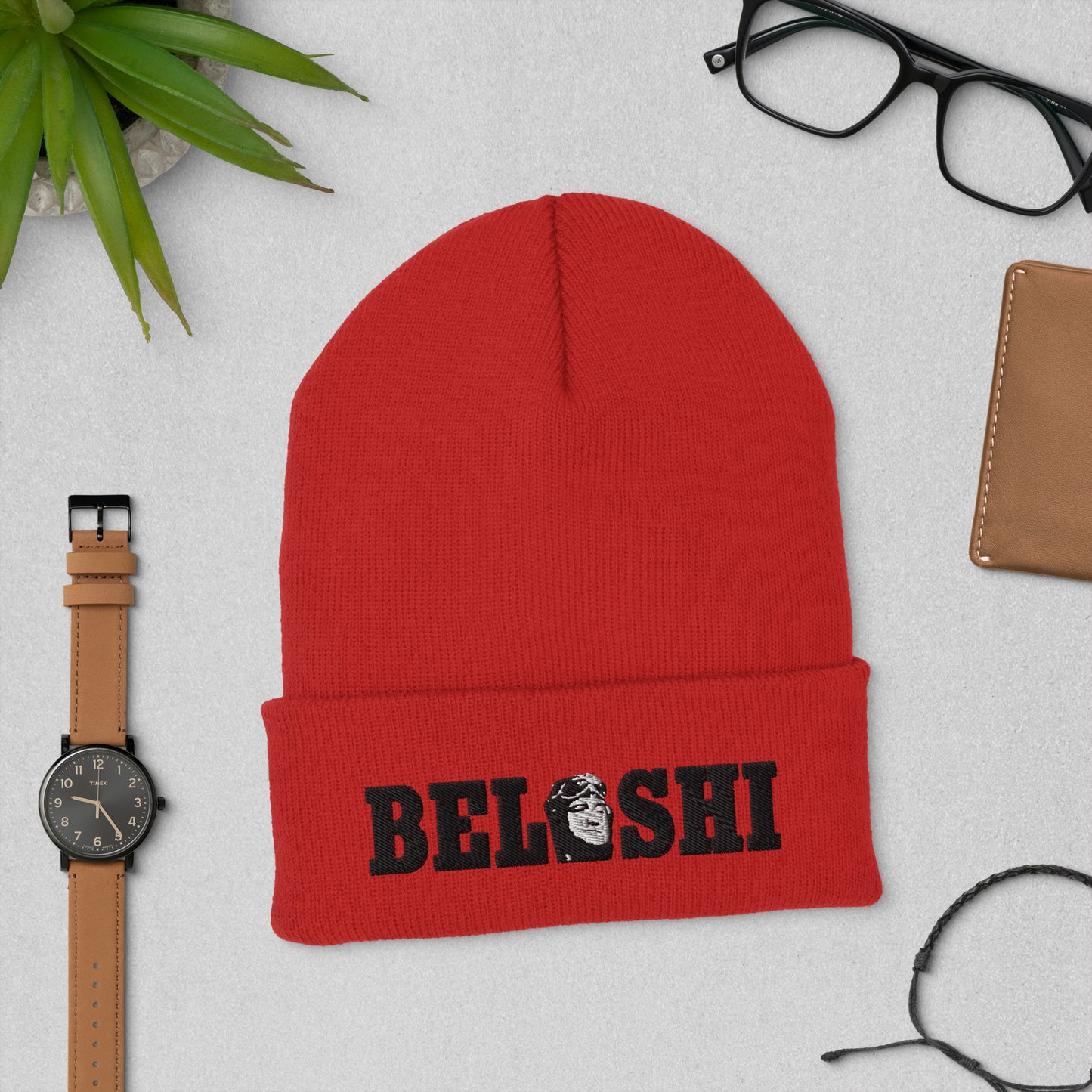 Belushi Beanie in red with embroidered patch paying tribute to the comedy legend.