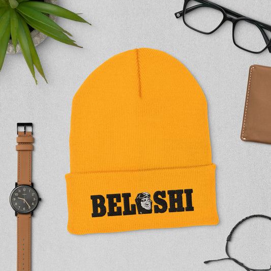 Belushi Beanie in yellow featuring an embroidered patch, perfect for comedy fans.