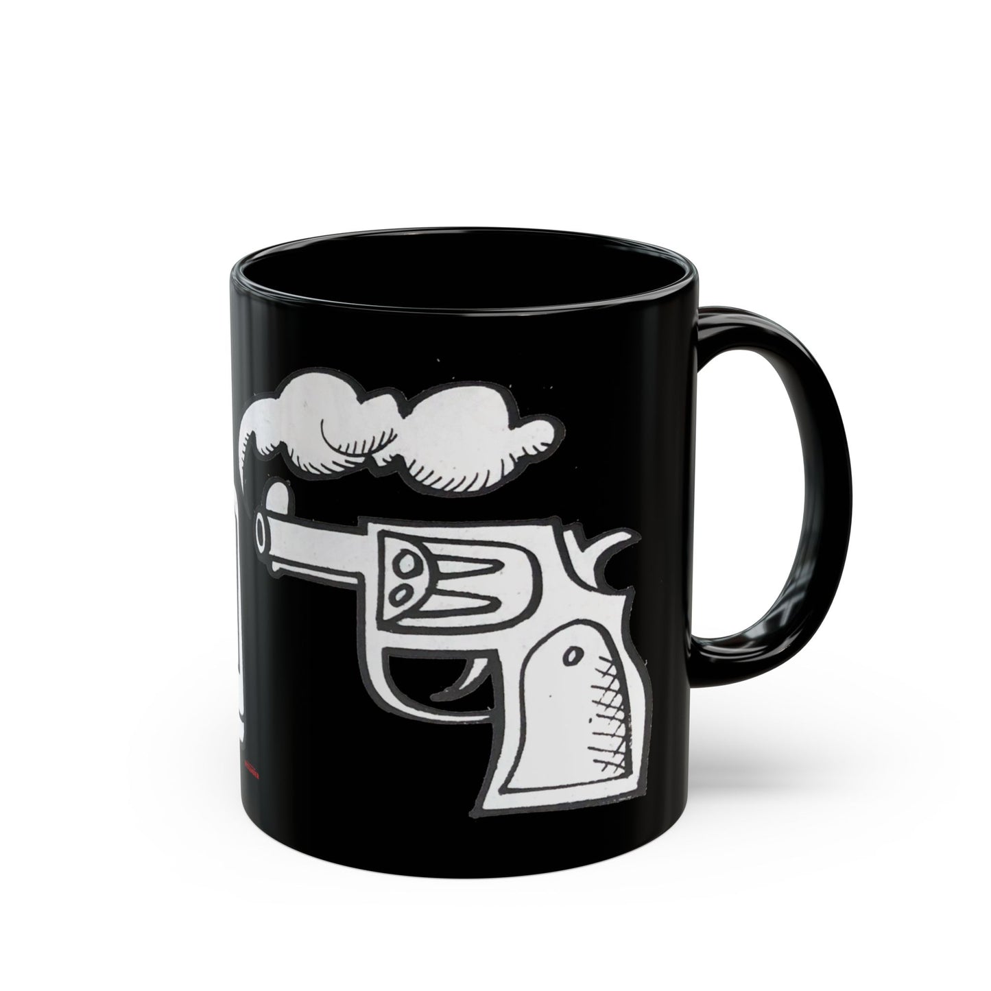 Right side view of the 11 oz black Death to Cassettes Mug featuring the revolver design.