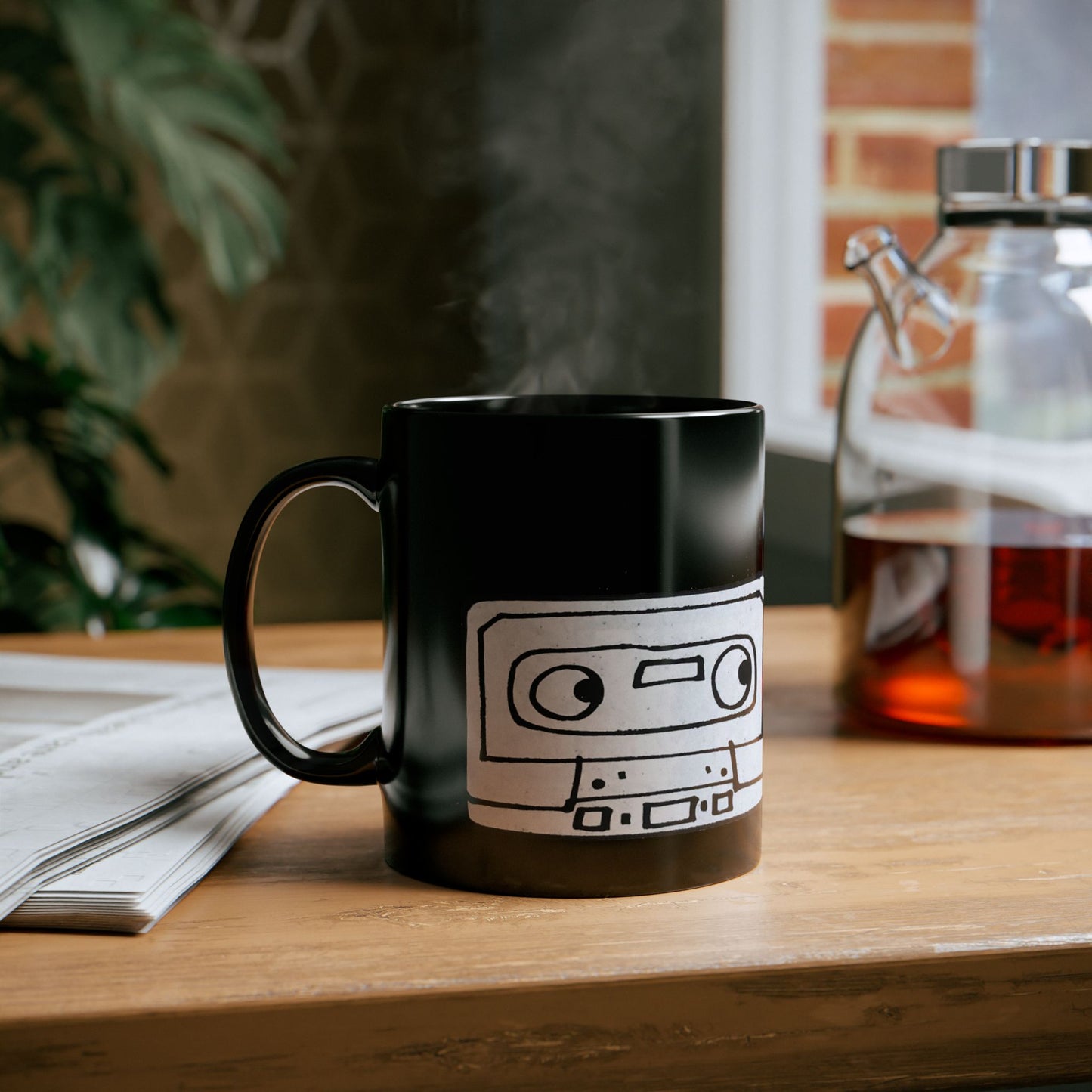 Close-up of the Death to Cassettes Mug showing the hand-drawn cassette graphic.