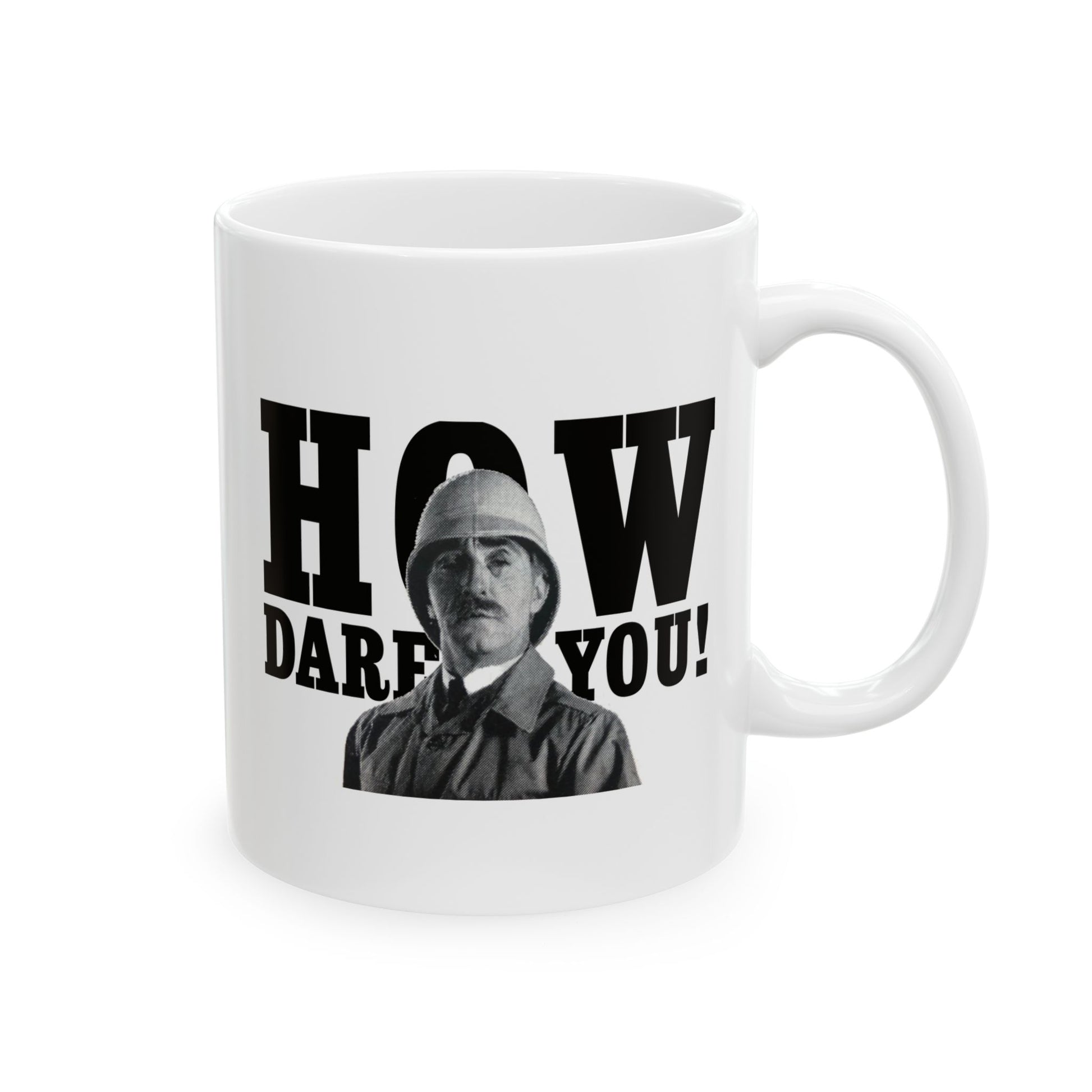 Right side of the 11 oz British Soldier "How Dare You" Mug with handle visible and full design.