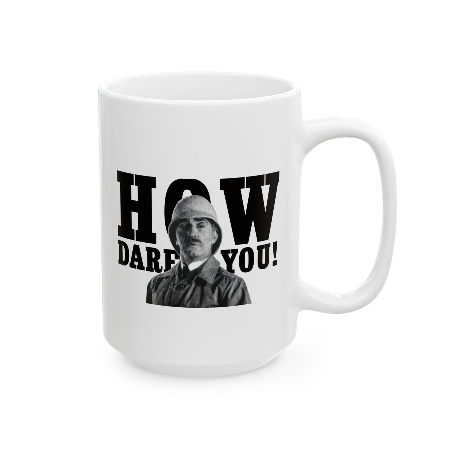 Right side of the 15 oz British Soldier "How Dare You" Mug with handle and full graphic visible.