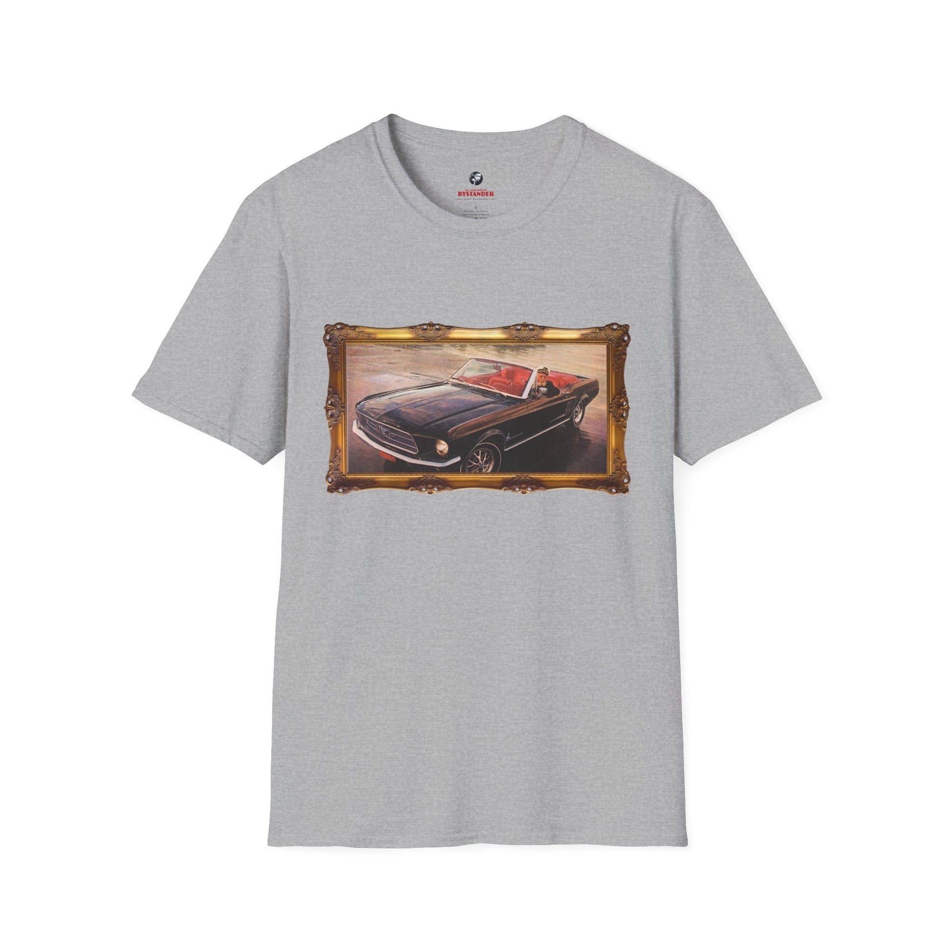 Athletic gray T-shirt showcasing a framed design of a sea captain cruising in a vintage Mustang.