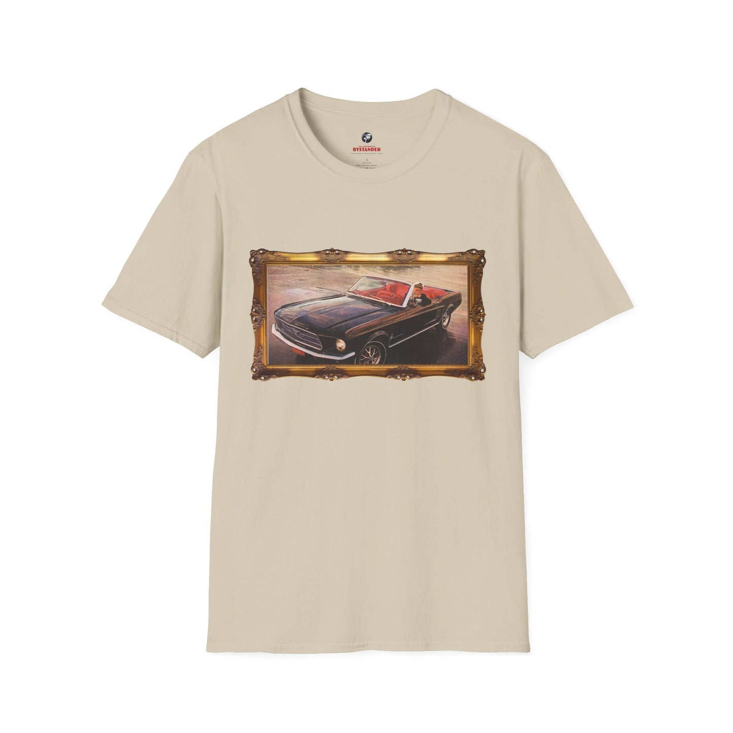 Natural beige T-shirt with the framed graphic of a sea captain behind the wheel of a Mustang convertible.
