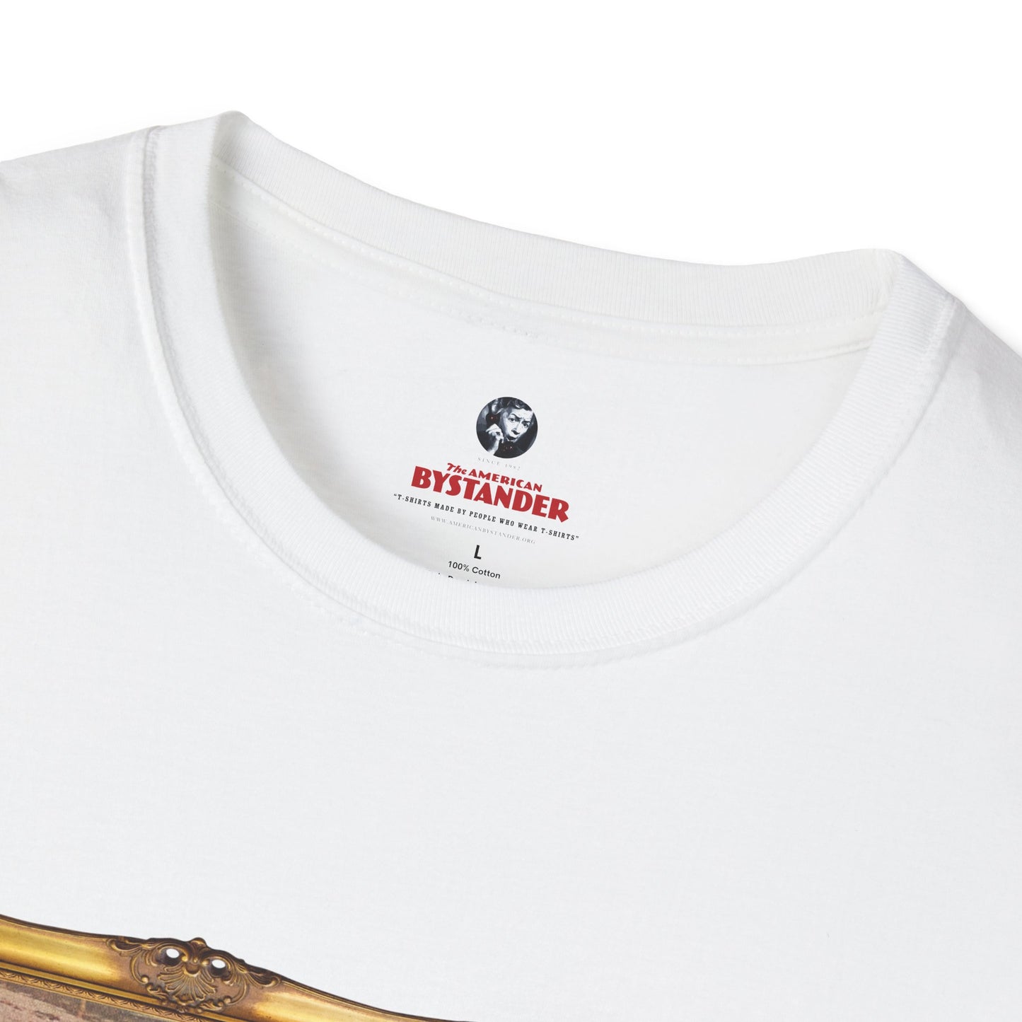 Close-up of the white T-shirt’s neckline with a visible framed graphic of a sea captain in a Mustang.