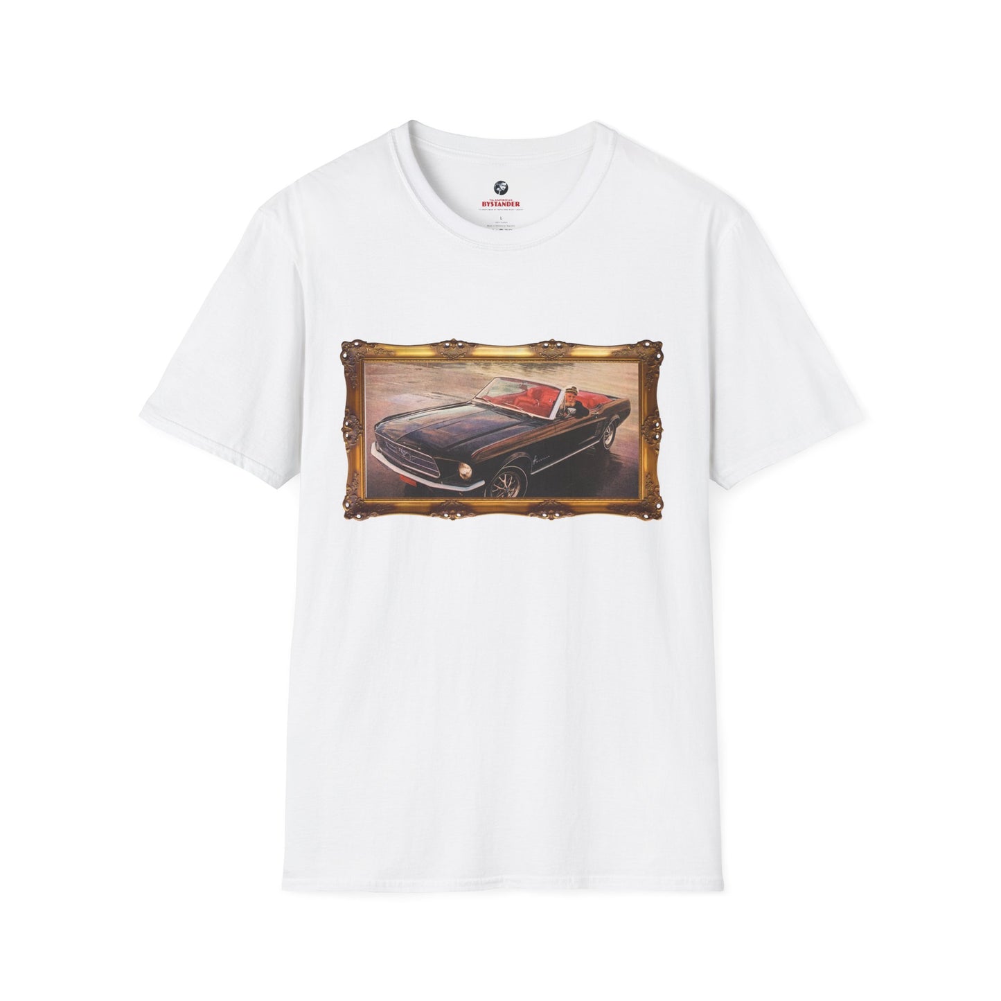 White T-shirt featuring a framed portrait of a sea captain driving a vintage Mustang convertible.