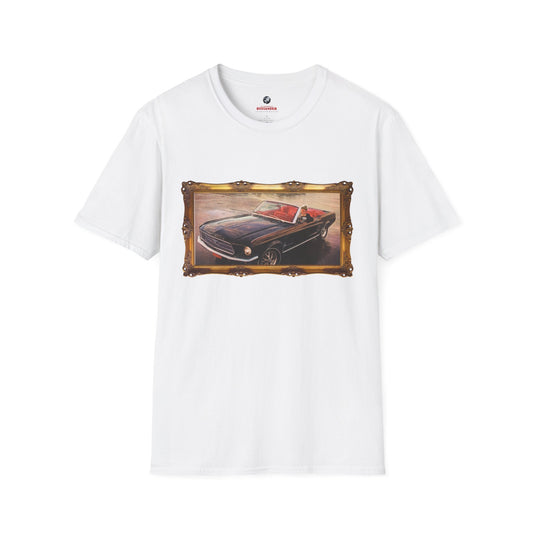 White T-shirt featuring a framed portrait of a sea captain driving a vintage Mustang convertible.