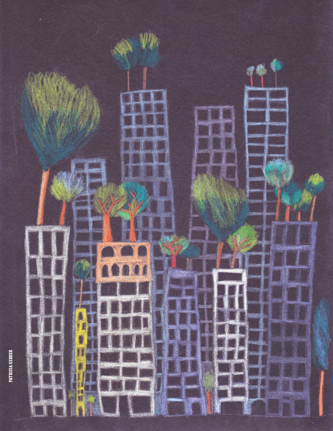 A pastel by Patricia Larkin Gerber of trees growing out of the top of buildings