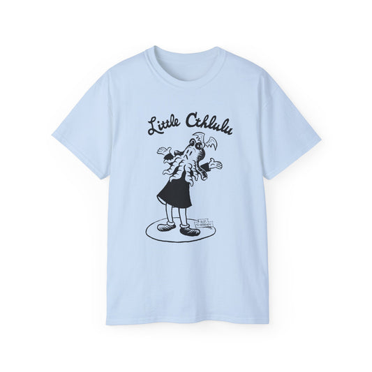 White graphic tee with a black illustration of a person and the text 'Little Cthulhu' on the front.