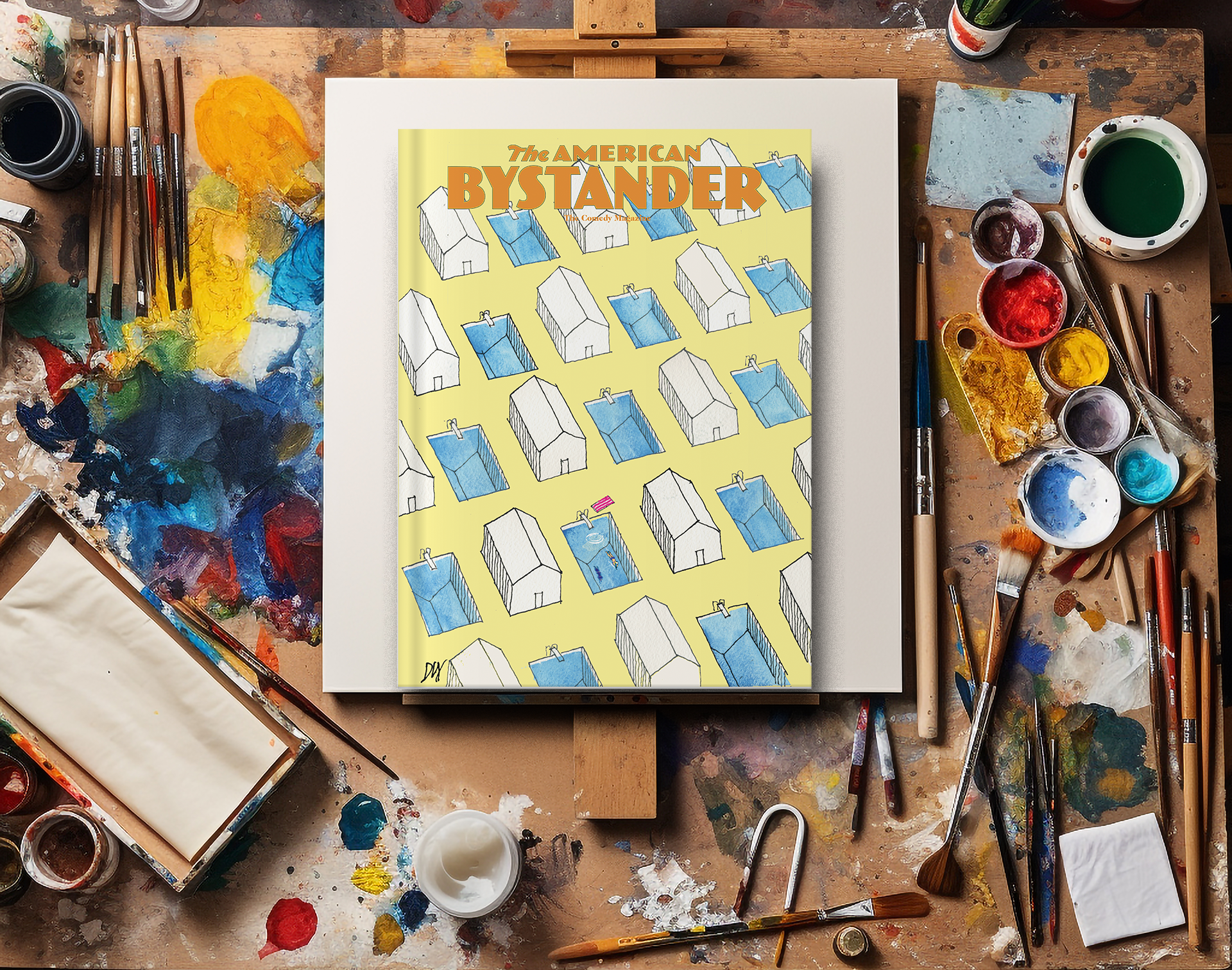 American Bystander Issue 26 with vibrant yellow and blue cover by Don Watson, placed on an artist's table adorned with paint brushes and splatters of paint.