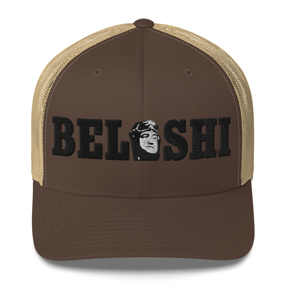 Belushi Trucker Cap in brown and tan with embroidered logo, perfect for fans of John Belushi.