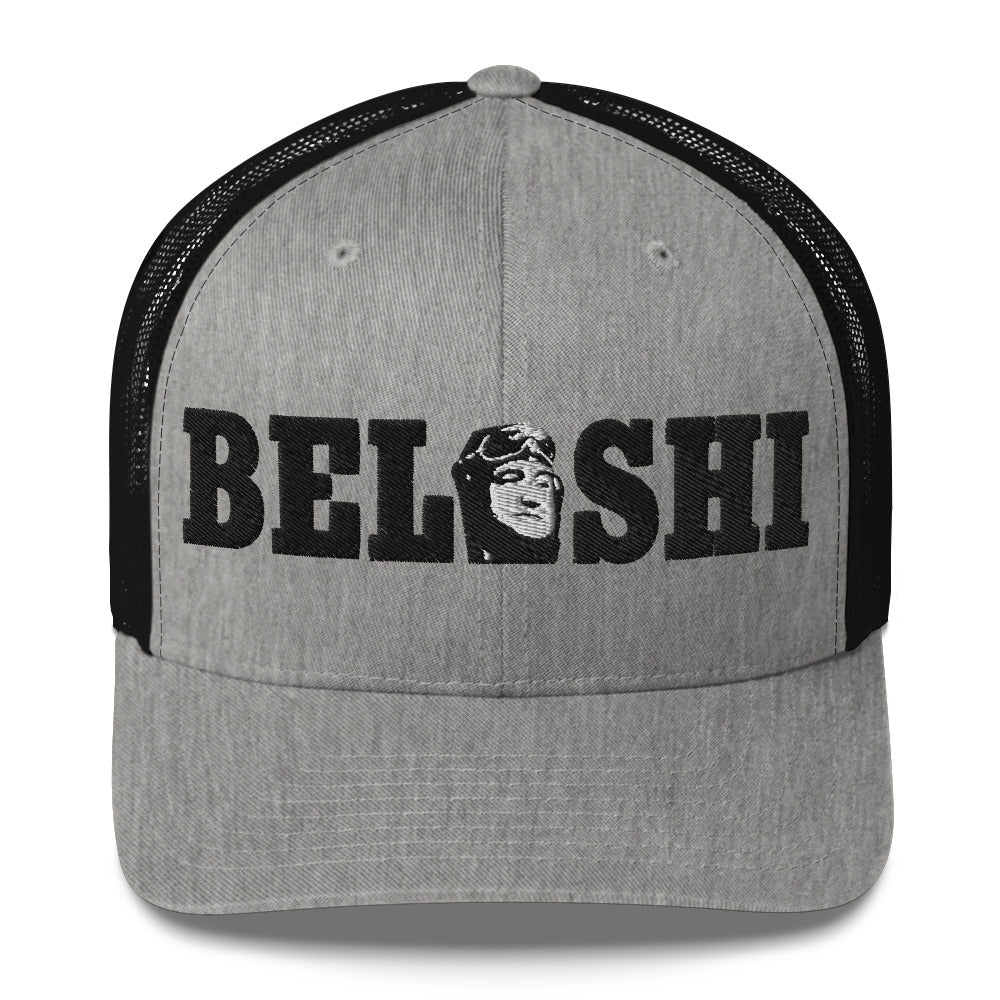 Belushi Trucker Cap in gray and black with embroidered logo, combining vintage style and humor.