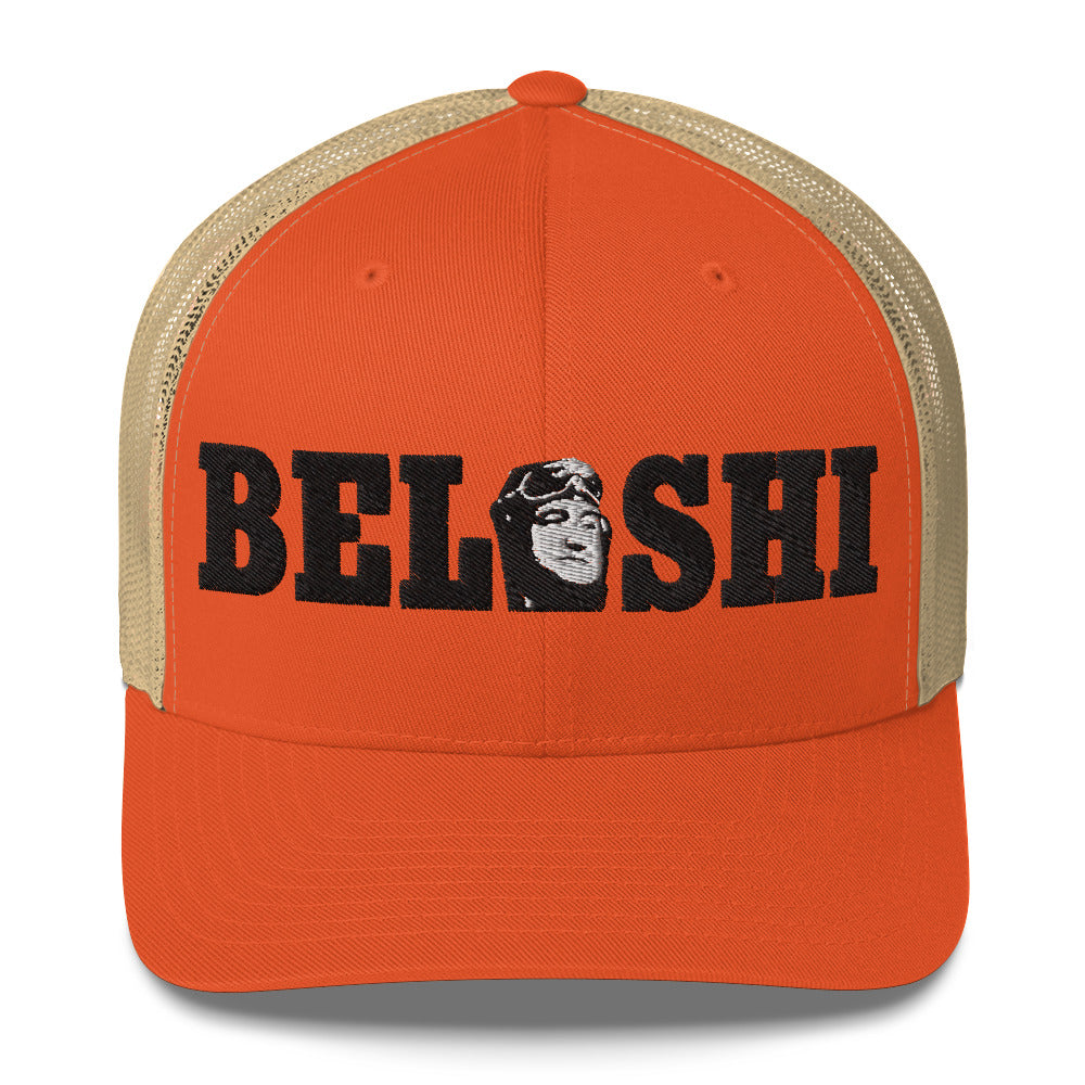 Belushi Trucker Cap in orange with embroidered logo, a stylish nod to comedy history.