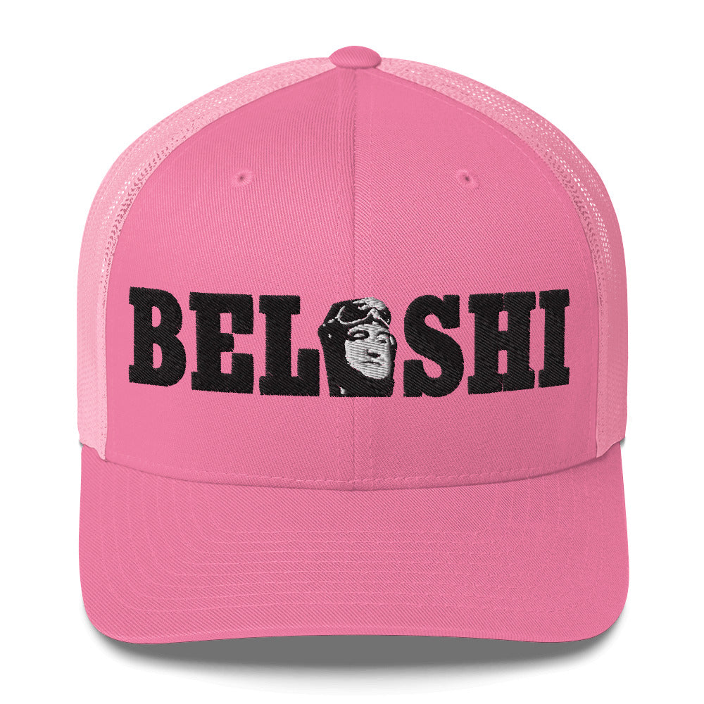 Belushi Trucker Cap in pink with embroidered logo, adding a fun and bold touch to any outfit.