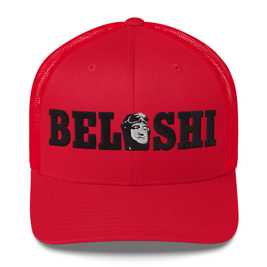 Belushi Trucker Cap in red with embroidered logo, celebrating classic comedy.