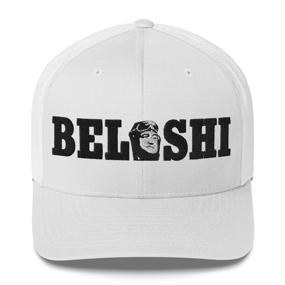 Belushi Trucker Cap in white with embroidered logo, celebrating the legacy of John Belushi.