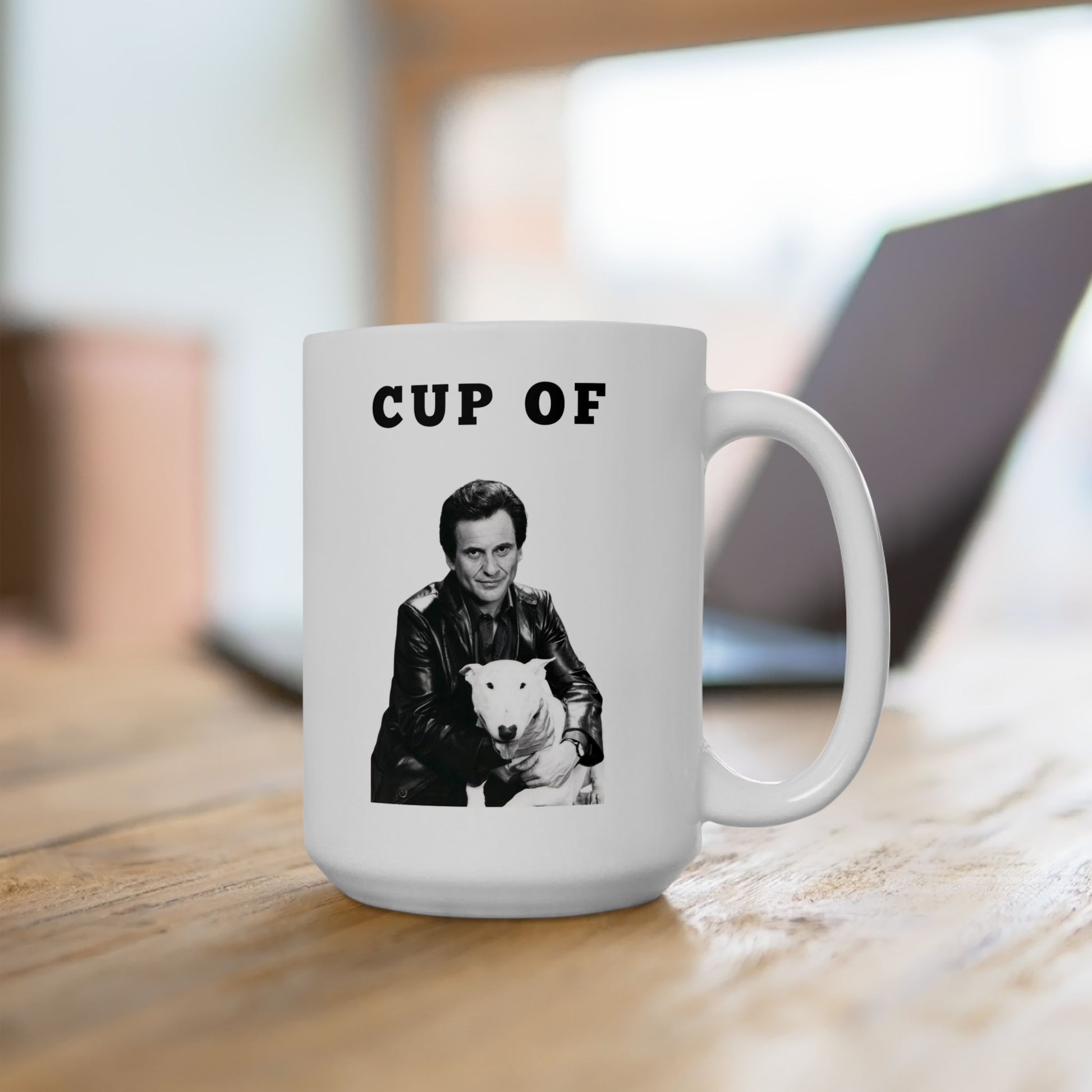 White ceramic mug featuring Joe Pesci and a dog, with bold text “Cup of” above the image.