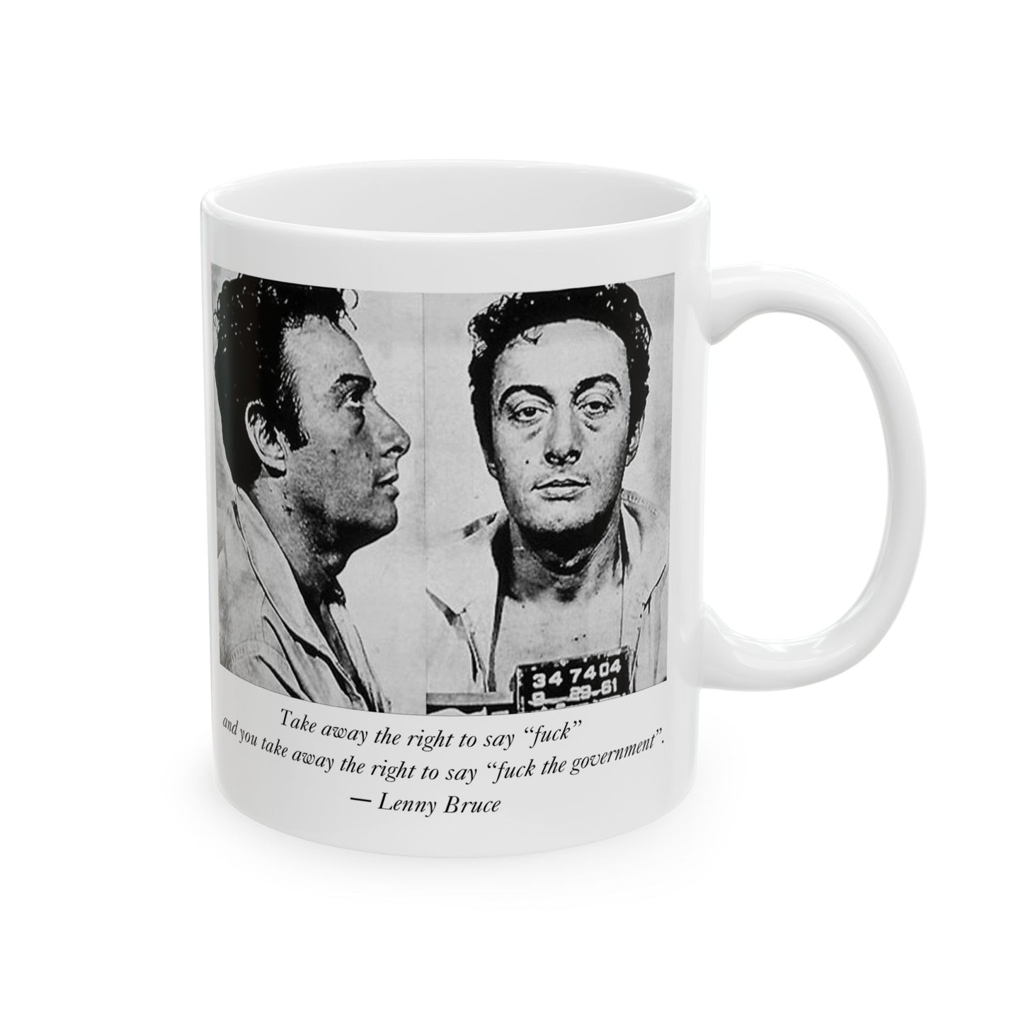 11 oz Lenny Bruce mug showing the right side with the handle prominently displayed and partial design wrap.