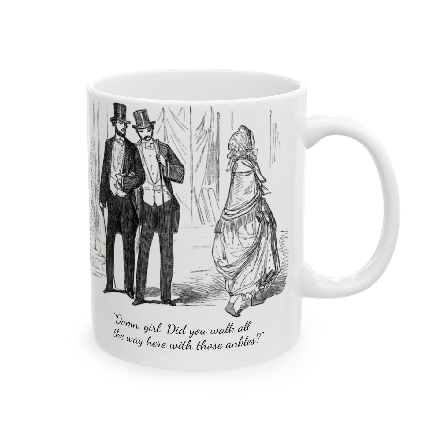 Right side of the Victorian Catcallers Mug with handle visible and design wraparound.