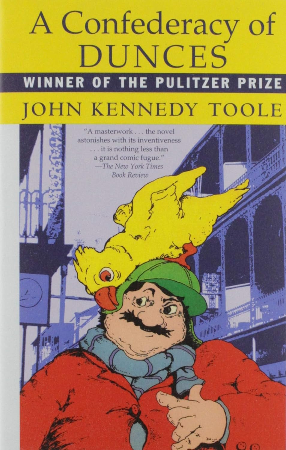 Cover of A Confederacy of Dunces by John Kennedy Toole featuring Ignatius J. Reilly in his iconic hat and scowl, the ultimate symbol of literary humor.