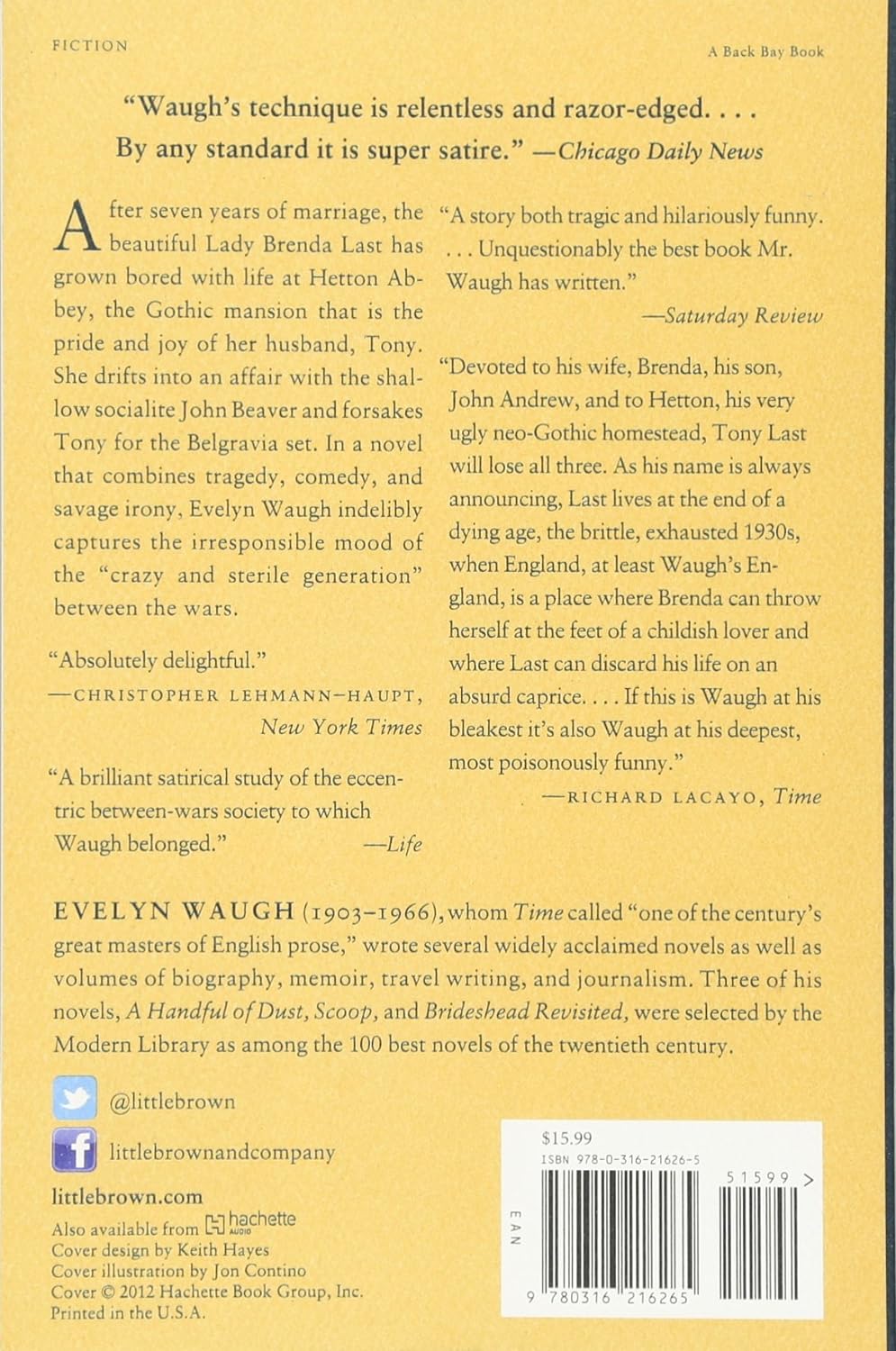 Back cover of A Handful of Dust by Evelyn Waugh, featuring a detailed synopsis, praise for the novel, and publisher information.